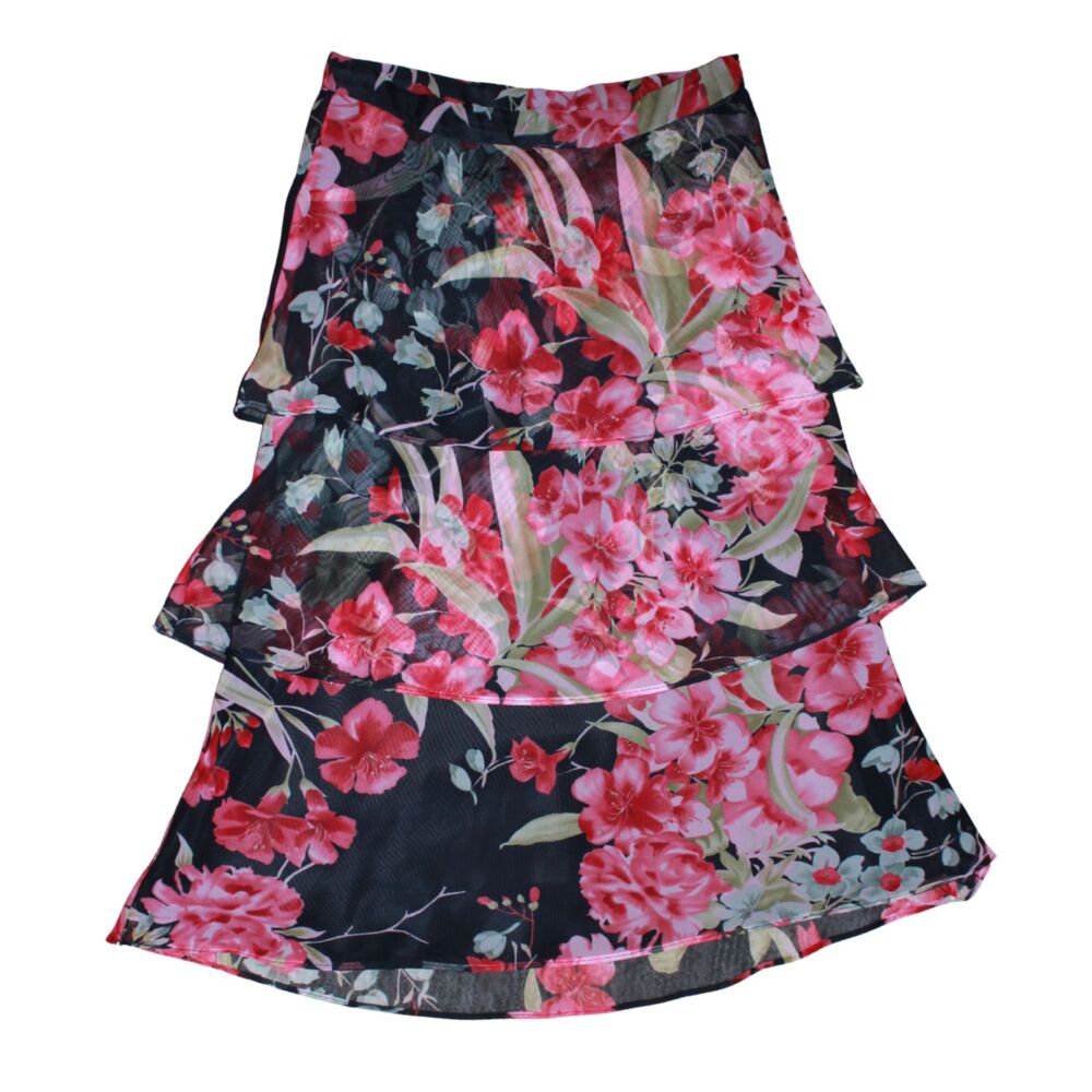 Onyx Nite Black Pink Floral Tiered Ruffle Midi Skirt S